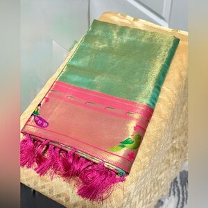 Green and Pink Woven Silk Scarf with Fringe